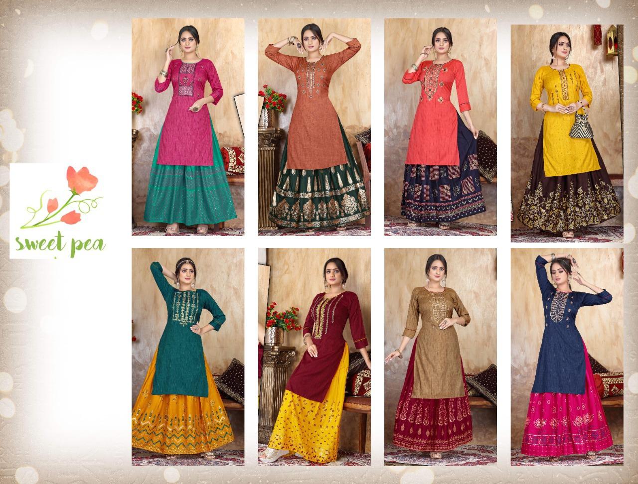 Trendy Sweet Pea Heavy Ethnic Wear Rayon Printed Kurti With Skirt Collection